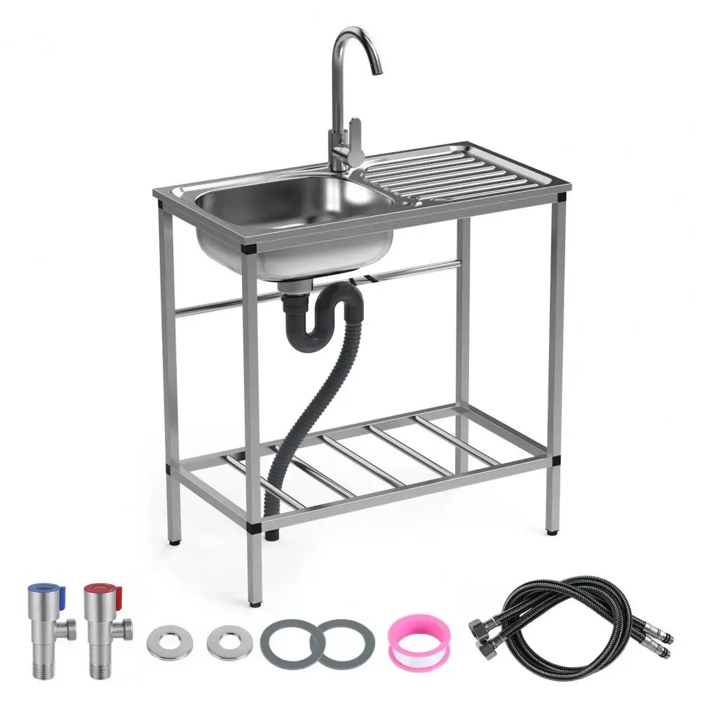 Outdoor Sink Station,	Free Standing Single Bowl Kitchen Sink With Stainless Steel,	Hose Hook Up 35kg Load Bearing Sink Set