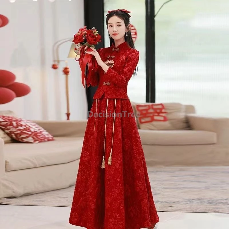 

2025 new chinese style wedding bride red toasting attire winter long sleeved warm clothing set retro elegant temperament suit