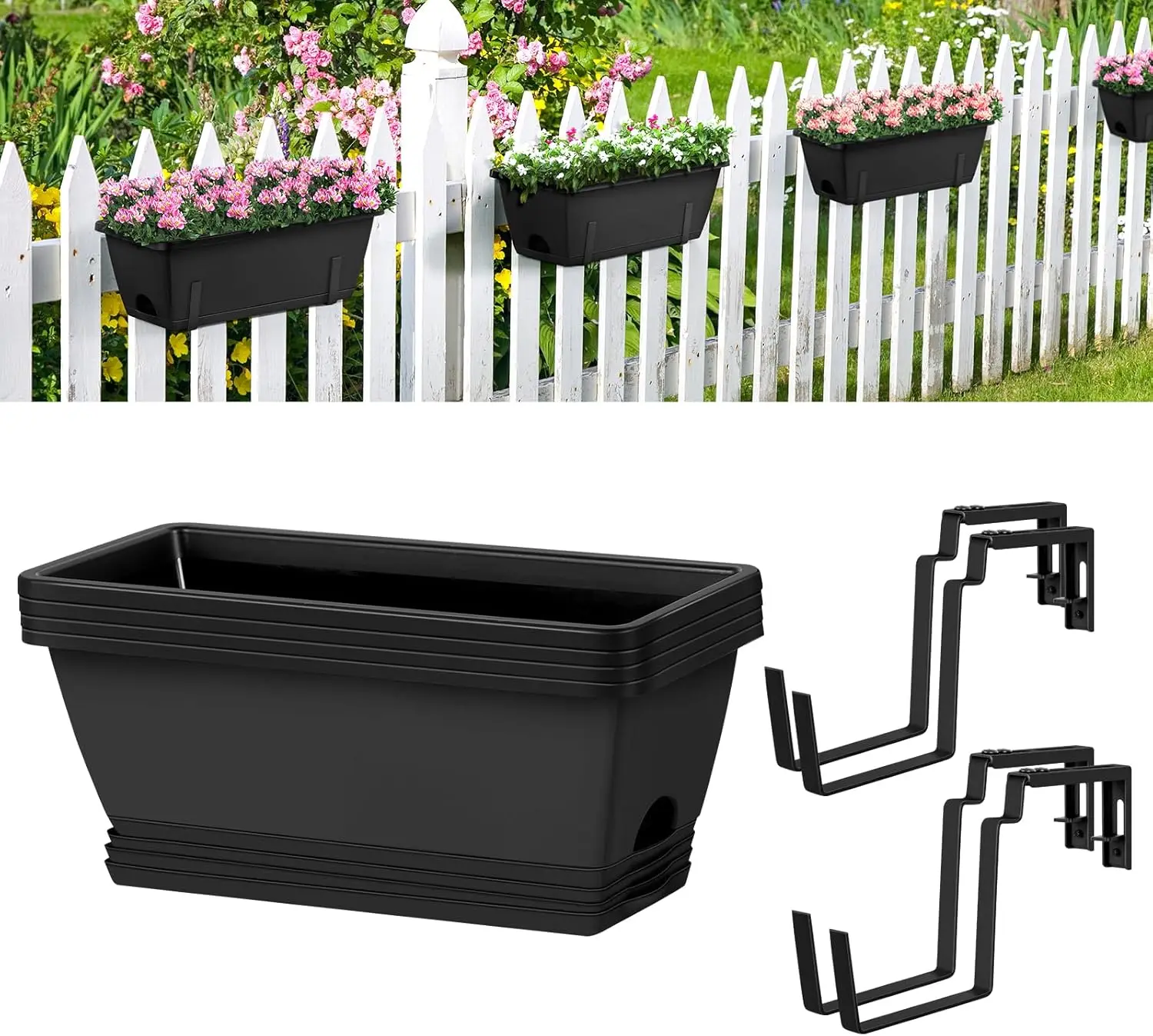 

4 Pack Adjustable Railing Planter Boxes, 17'' Rectangular Flower Pots for Outdoor Fence Garden and Balcony Decor