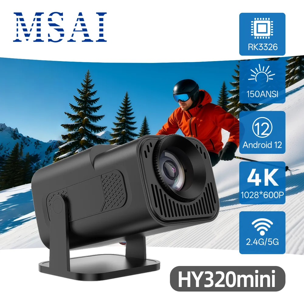 HY320mini Android 12 Projector RK3326 150 ANSI 1280x600P Native Supports 4K H.265 Decoding WiFi6 BT5.2 40-120” for Home