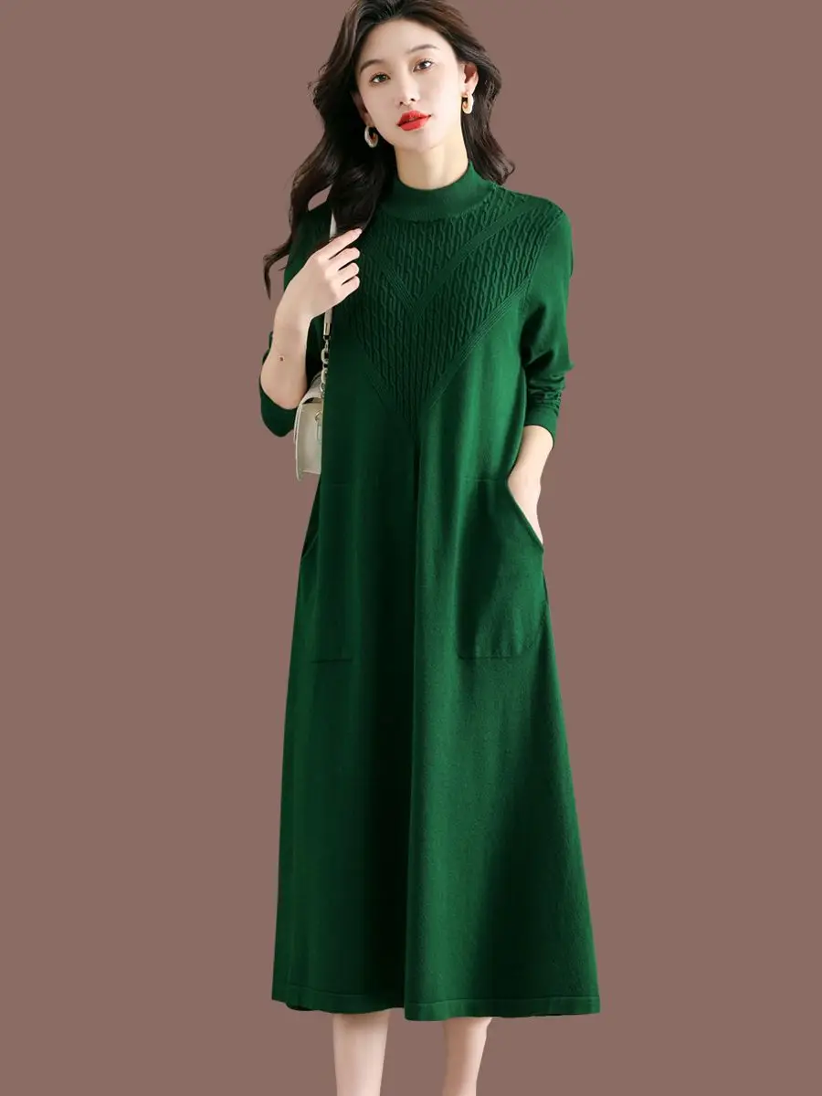 Pure Wool Base Dress 2024 Women\'s Autumn and Winter Over The Knee Mid-length Loose Knit Sweater Cashmere Bottom Base Dress LU505