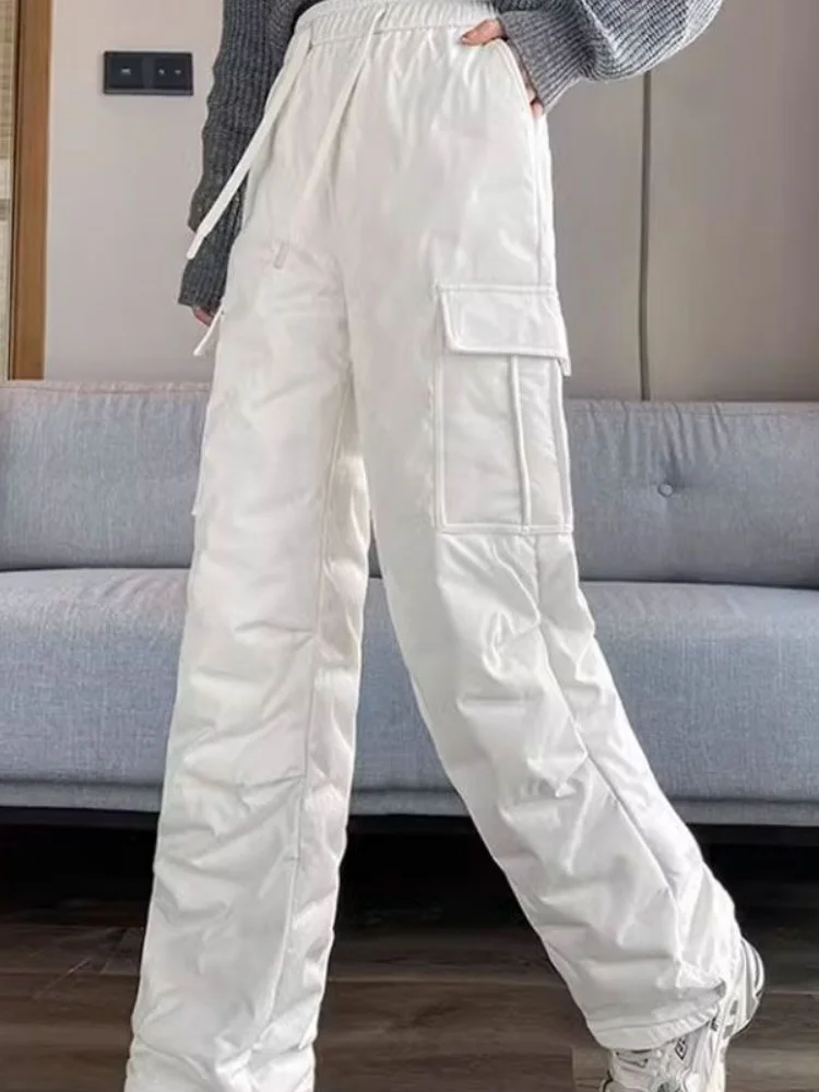 Thiened down Wide Leg Pants High Waist Straight Cut Winter Commute Sle Women's Faionable Warm Cotton Trousers
