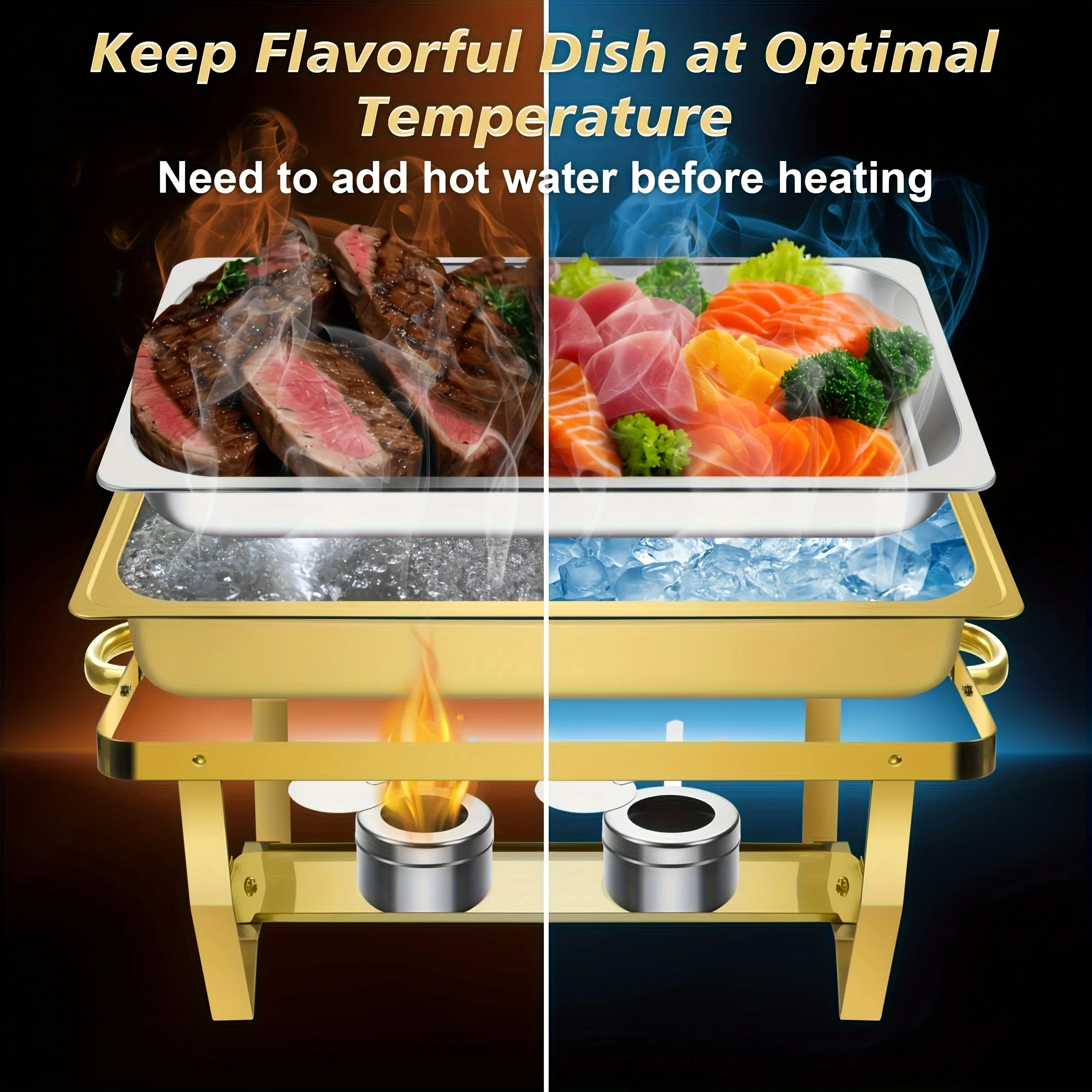 6 قطع من صينية خبز البوفيه، مجموعة بوفيه صينية خبز ذهبية سعة 8 لتر بالحجم الكامل، صينية خبز فاخرة من الفولاذ المقاوم للصدأ سخان طعام للحفلات