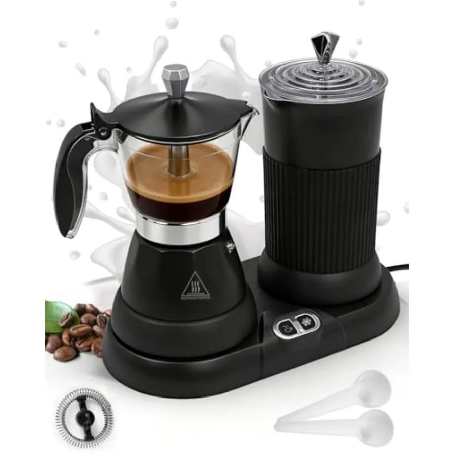 

2-in-1 Milk Frother and Moka Coffee Maker for Home Use Aluminum Black Easy Frothing and Brewing for Latte Cappuccino