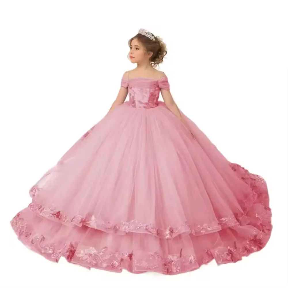 Elegance Off The Shoulder Fluffy Flower Girl Dress For Wedding Appliques Ruffles Toddler Pageant Dress Kids Birthday Gown