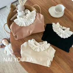 Childrens Clothing 2024 Autumn Doll Collar Fashionable T-shirt Korean for Baby Girls Clothing Long Sleeved Base Shirt Top