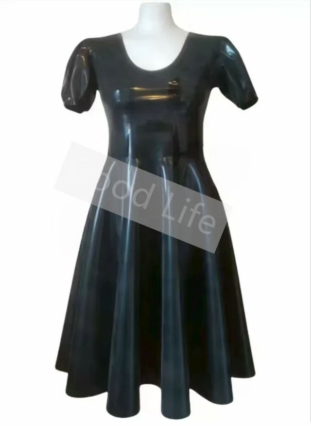 

Natrual Rubber Latex Dress with Back Zip Skirts Sexy Latex Short Sleeve Dress Long to Ankle kleid Vintage style Rot Halloween
