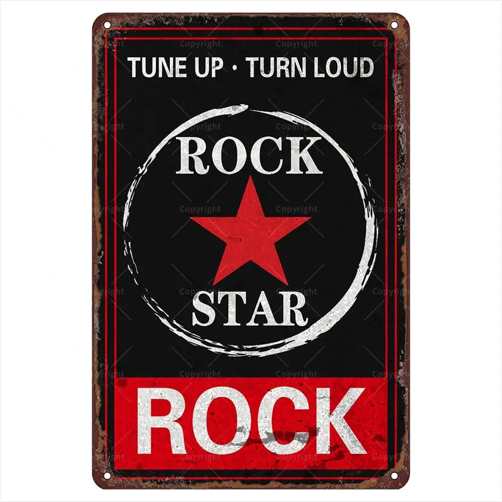 Rock Music Retro Metal Tin Signs, 12”* 8”, Tune Up Turn Loud Rock Star Rock Vintage Tin Sign, Funny Wall Art Interior Decoration