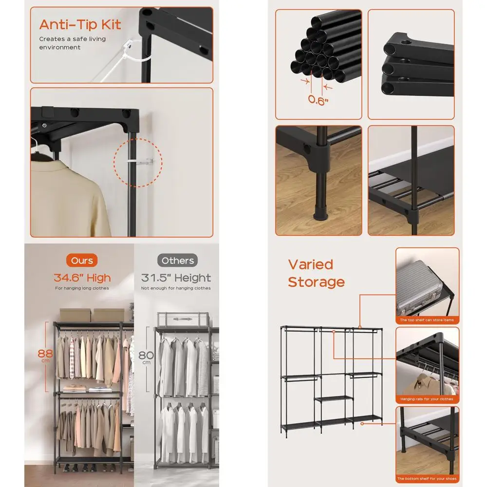 

Extra Large 80.7 Portable Wardrobe Organizer with 5 Rods and Shelves, Easy Assembly, Black