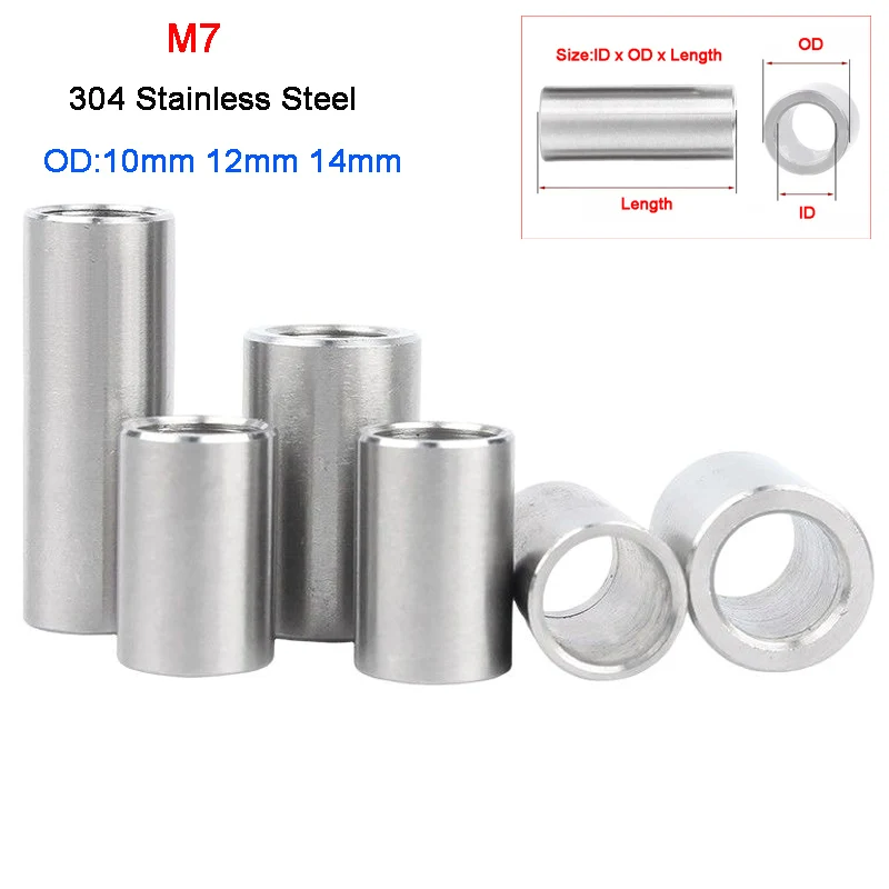 M7 Od 10mm 12mm 14mm Unthreaded 304 Stainless Steel Bushing Washer Round Hollow Standoff Spacer Gasket Sleeve Length 2-50mm