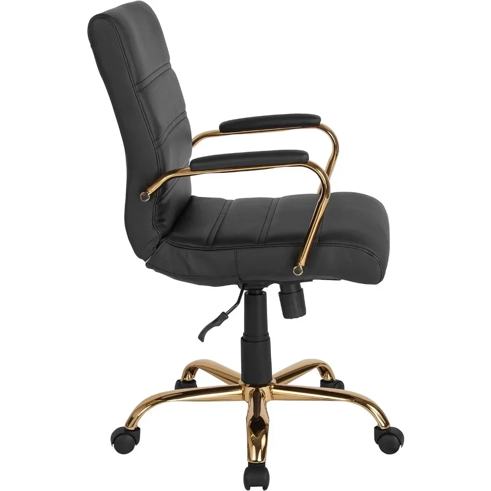 Whitney Mid-Back Desk Chair - Black LeatherSoft Executive Swivel Office Chair with Gold Frame - Swivel Arm Chair，24Dx23Wx40.75H