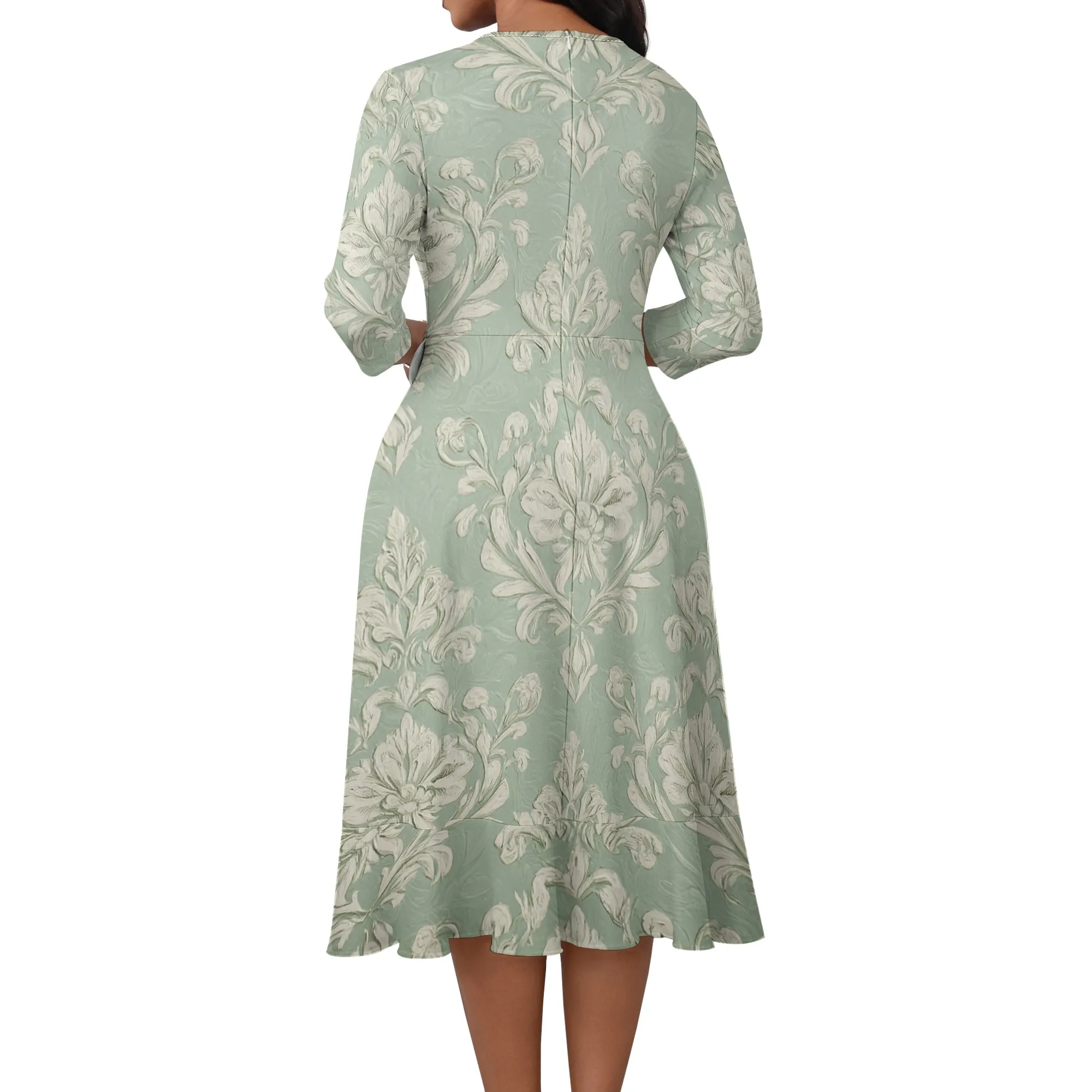 Green Damask Floral Wrap Midi Dress XS-3XL V-Neck 3/4 Sleeve Hi-Low Hem Style for Church, Wedding Guest or Spring Brunch Look