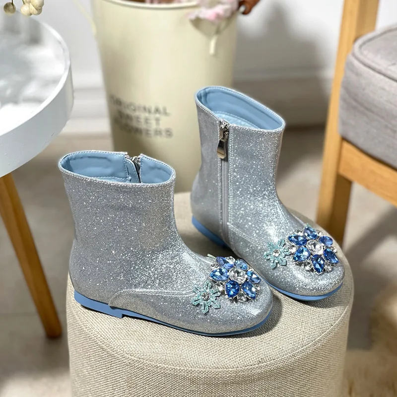 Picture 5: Children's Blue Boots Girls Love Sally Princess Diamond Boots  New 2026 Autumn Winters Cuhk Children Add Wool Warm Shoes Boots