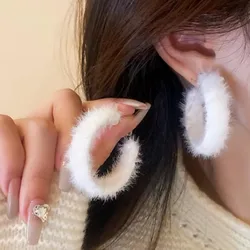 Temperament Winter Autumn Open Round Hairy Earrings for Women Warm Plush C Shape Big Circle Earrings Jewelry Christmas Gift