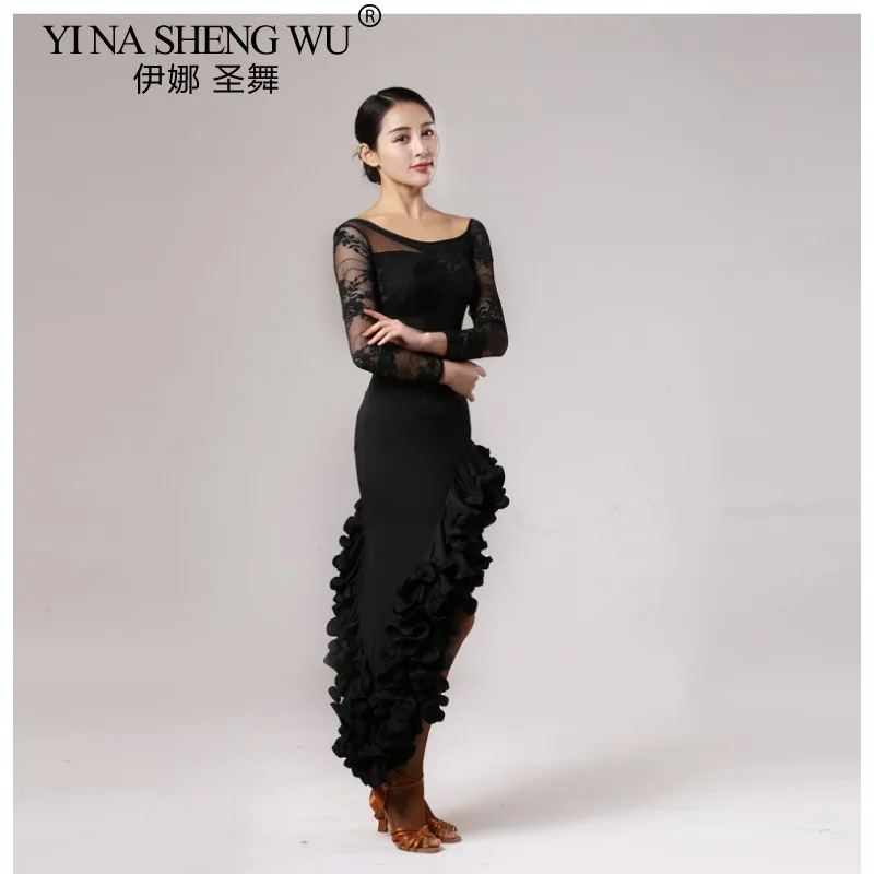 Nouvelle robe de danse latine femmes Sexy maille extensible à manches longues Style fendu robe latine salle de bal Tango Rumba Performance Costume