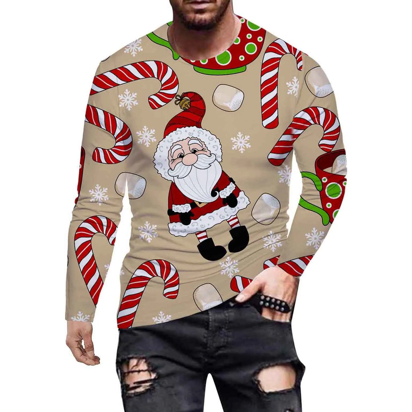 Camiseta de fondo navideña para hombre, jersey de manga larga con estampado de Papá Noel y copo de nieve, cuello redondo, informal