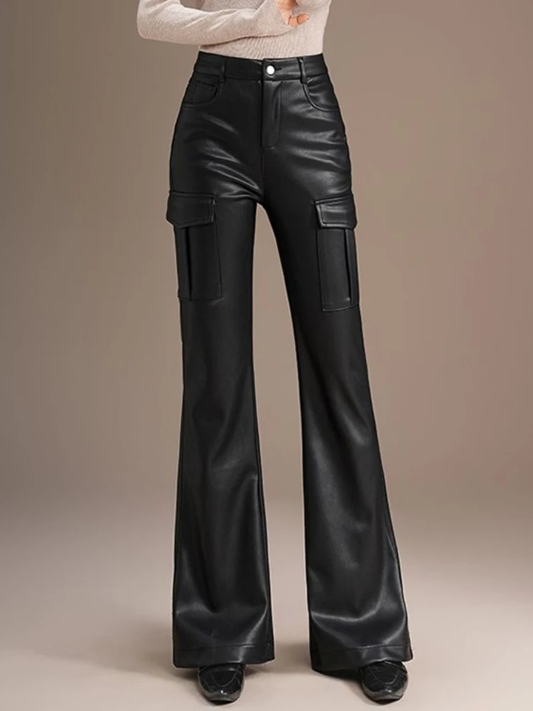 

Новинка осени 2024, уличные кожаные брюки-карго с карманами для девочек, тонкие повседневные уличные брюки с высокой талией и микроподтяжками