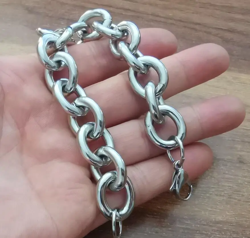 Chunky Oval Rolo Link Chain Stainless Steel Bracelet For Mens Boy Smooth Fashion Jewelry 15mm Wide Choose Lenght High Polished