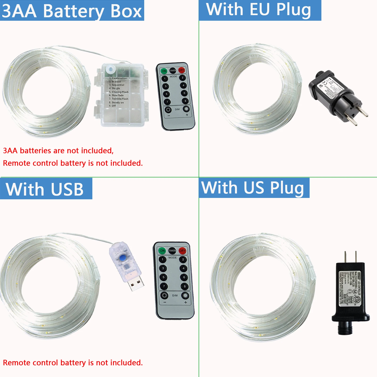 USB Battery Box Powered Rope LED String Lights Outdoor Waterproof Remote EU Plug Kit 8 Light Modes Christmas Garden Yard Decor
