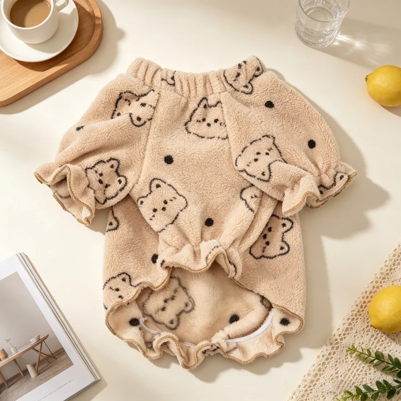 Warm Plush Dog Pullovers Luxury Pet Hoodie Autumn Soft Dog Clothes Cute Bow Puppy Top Ruffle Cat Shirt Bear Print Pet Sweatshirt view 5
