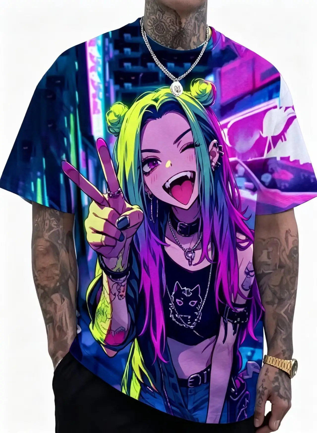 Kawaii Anime Women's 3D Digital Printed T-shirt Retro Washed Style Unisex Loose Round Neck Needle Eye Fabric Short Sleeve Top