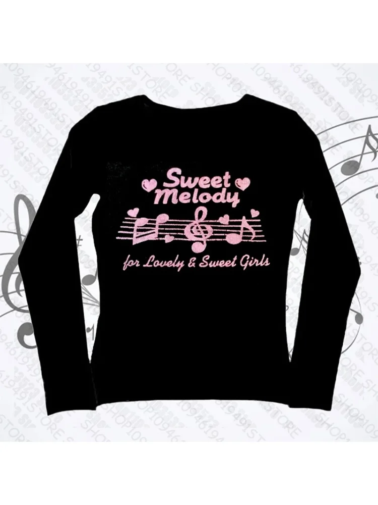 เสื้อยืดแขนยาวพิมพ์ลายตัวอักษรสไตล์ฮาวาย เสื้อยืดแขนยาวสไตล์หวานสำหรับสาวๆ เสื้อผ้าผู้หญิงสไตล์พังก์ เสื้อยืดแขนยาวลายกราฟิกสไตล์สาวพังก์