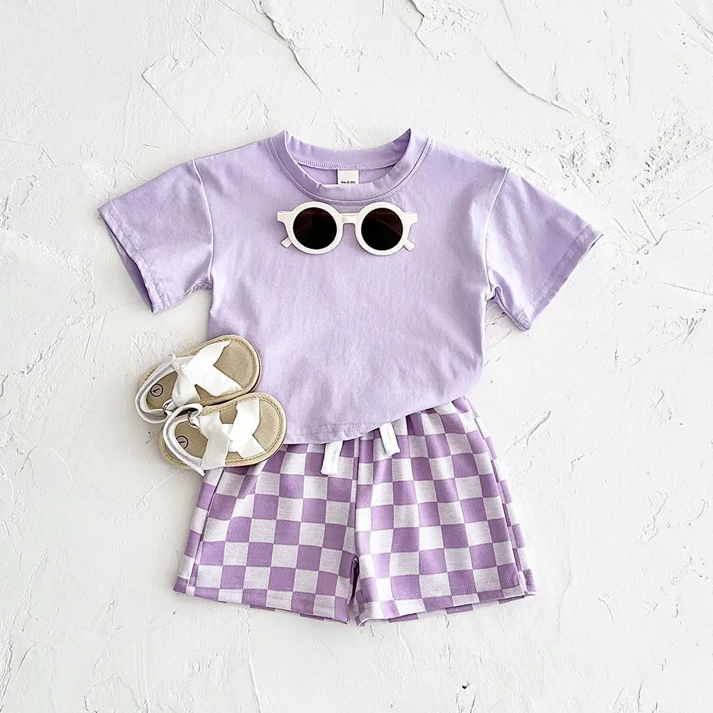 Ins Summer Newborn Boys Girls Clothing Baby Set Solid Short Sleeved T-shirt+Checkerboard Shorts Cotton Casual 2PCS 0-3Y