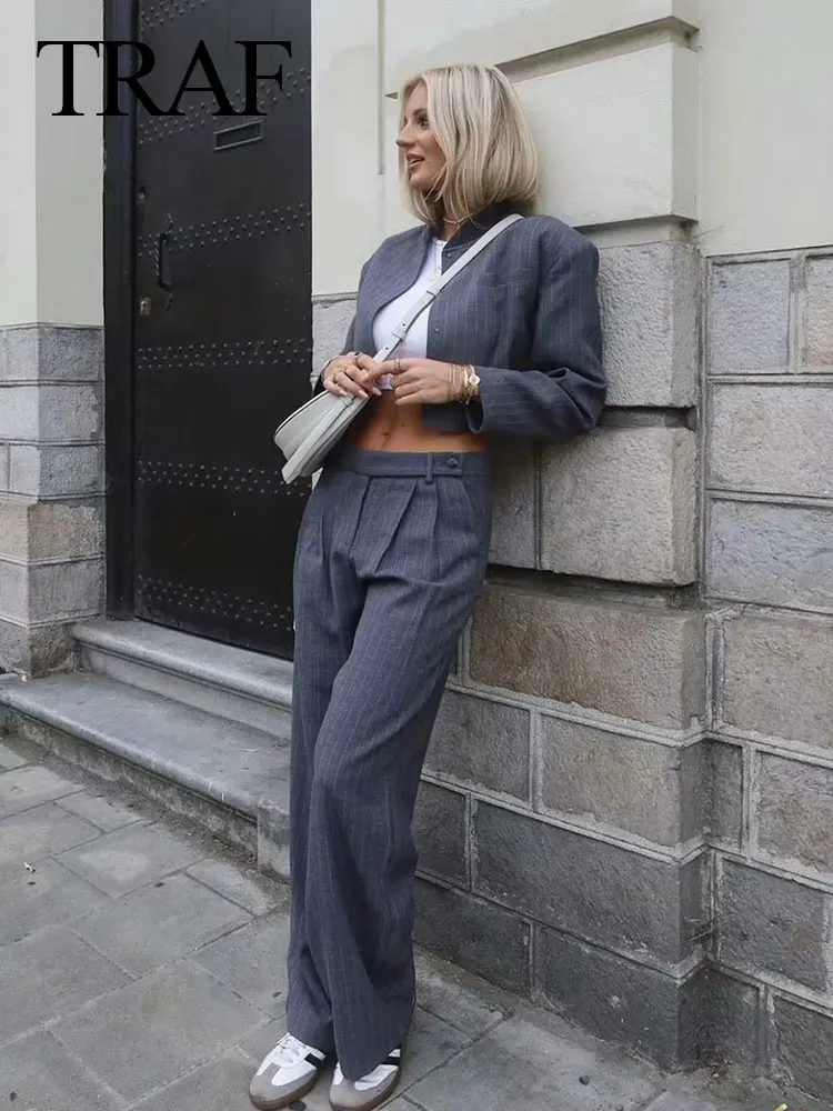 TRAF Blazer a righe grigio retrò Casual da donna top corto + vita alta pieghettato con pantaloni con cerniera cappotto da donna da ufficio Set da 2