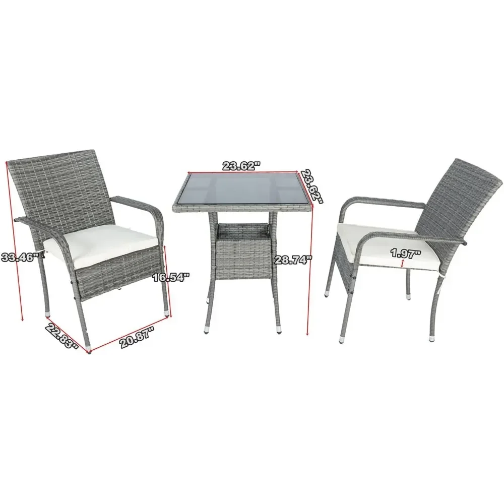 

K 3 Piece Patio Furniture Set, Rattan Outdoor Furniture Patio Set, Metal Patio Table and Chairs Set with Rust Resistant Frame