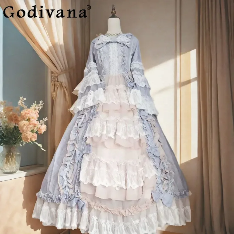 

Lolita Daily Wear Long Sleeve Dress for Women Princess Blue OP Lolita Cake Dress Female Japanese Style Elegant Long Dress