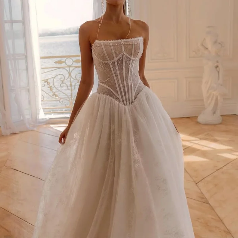 ivory white Appliques Wedding Dresses off-shoulder A skirt decal Bridal Pearl jewelry Gowns Made Customized