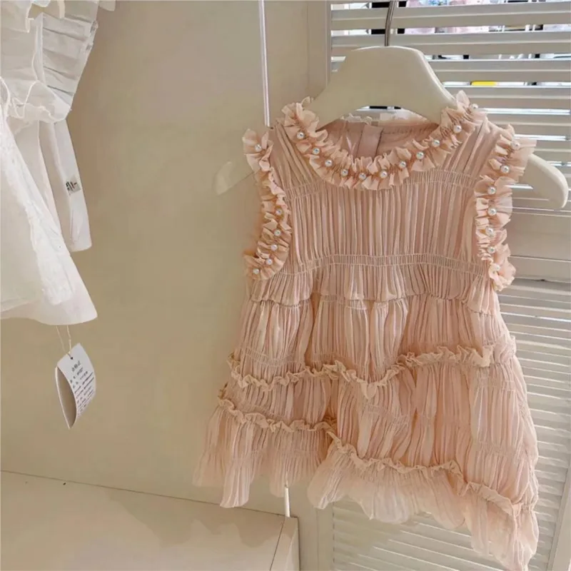 

Kids Children Casual Clothes Vestidos 0-7Y 2025 Baby Girls Summer Dress Fashion Beaded Lace Birthday Princess Dresses