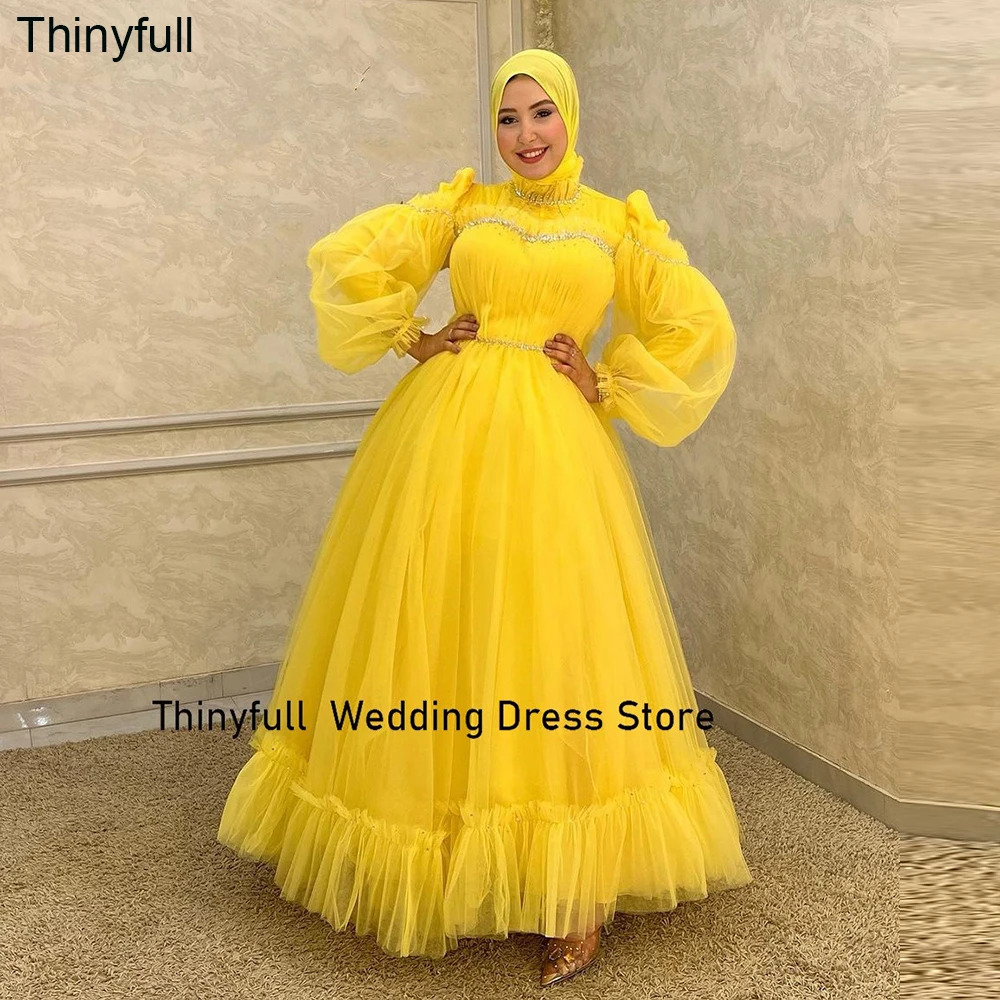 

Thinyfull A-line Arabic Muslim Evening Party Dress High Neck Long Sleeves Engagement Prom Dress Tulle Long Formal Occasion Gown