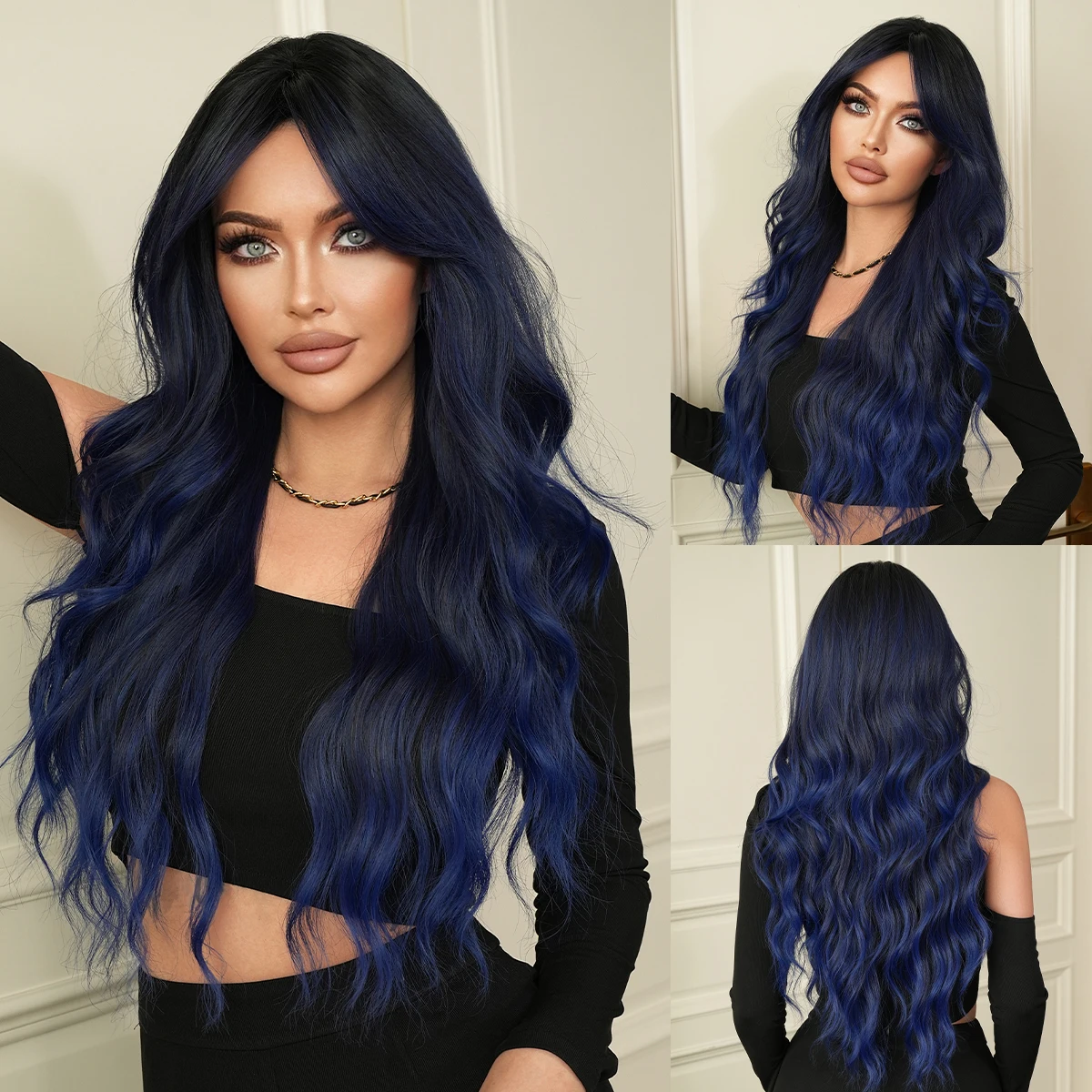 

NAMM Halloween Cosplay Wig Synthetic Body Wave Black Wigs Highlight Blue Wig for Women Party Loose Middle Part Hair Wig