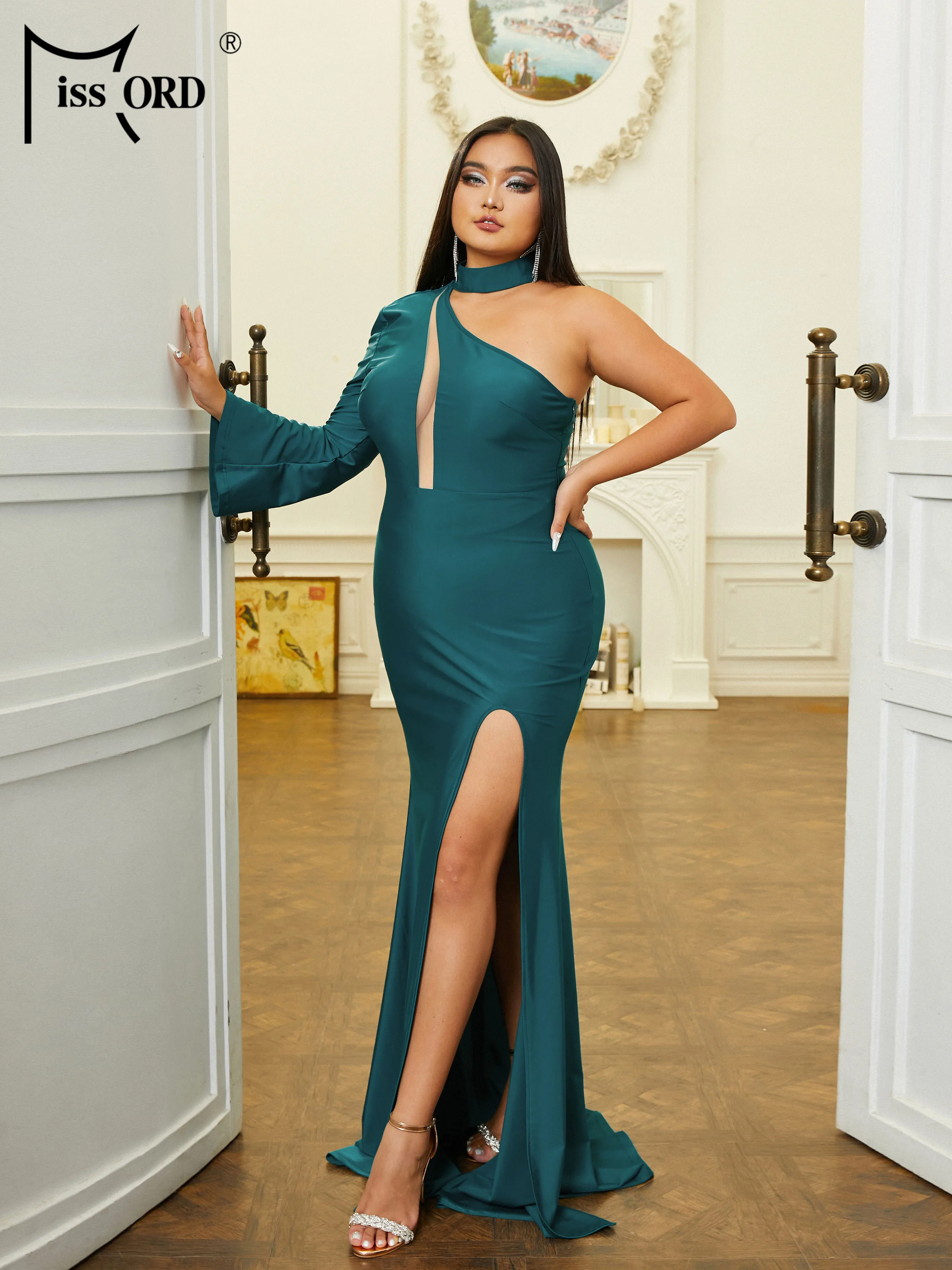 Missord New Plus Size Elegant Party Dresses For Women 2024 Green Asymmetric Split Cutout Evening Prom Dress