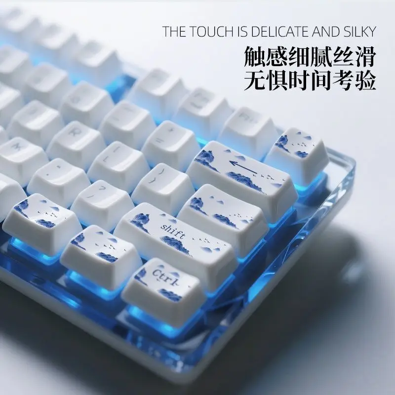 Blue and White Porcelain Theme Ceramic Keycaps Custom Ceramic OEM Profile Key Cap Cute Transparent Point Key Cap 114pcs Full Set
