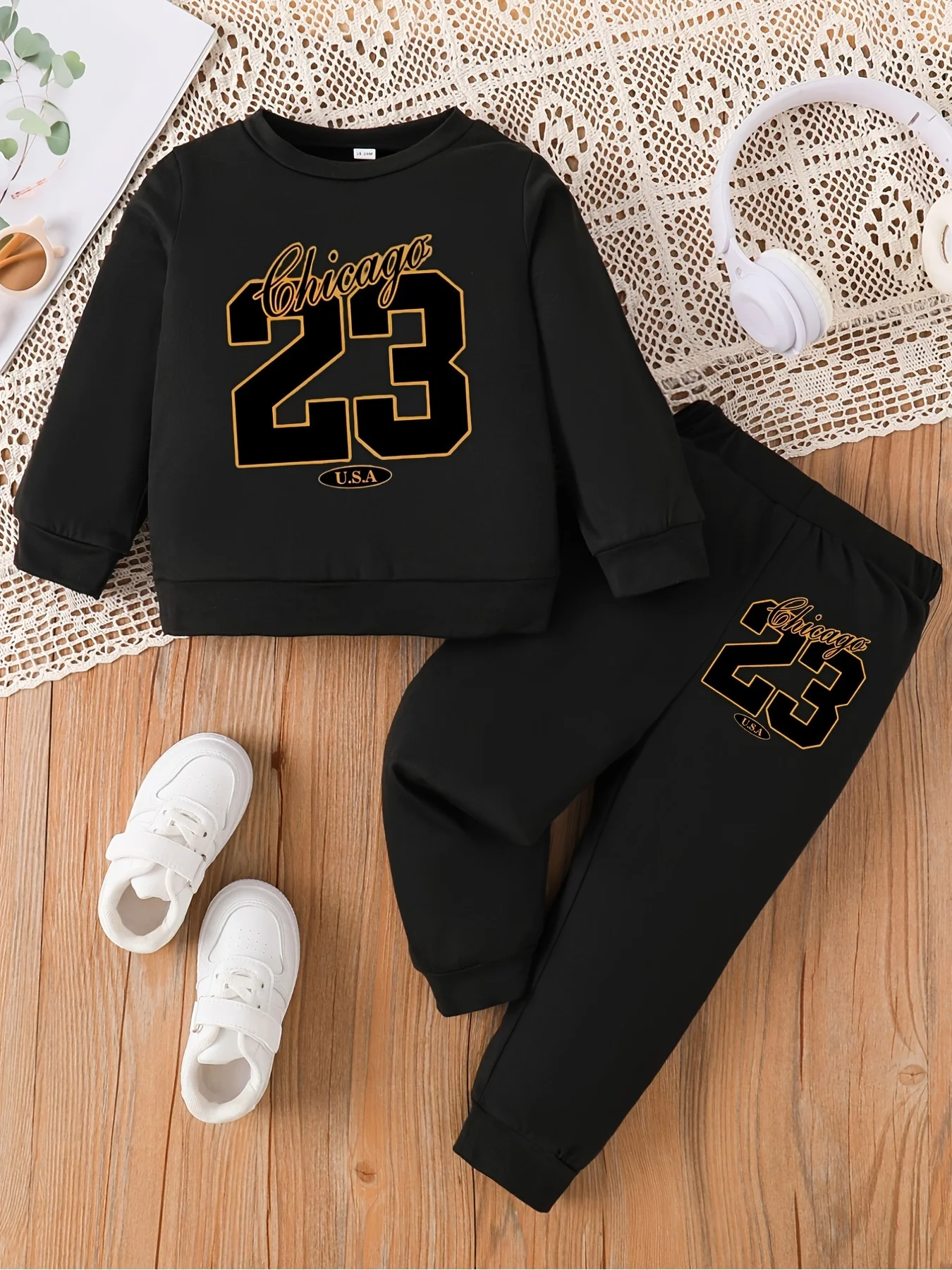 Conjunto de 2 piezas para niños pequeños |   Top de manga larga con estampado Chicago número 23 + pantalón negro |   Conjunto de ropa deportiva para niños primavera otoño