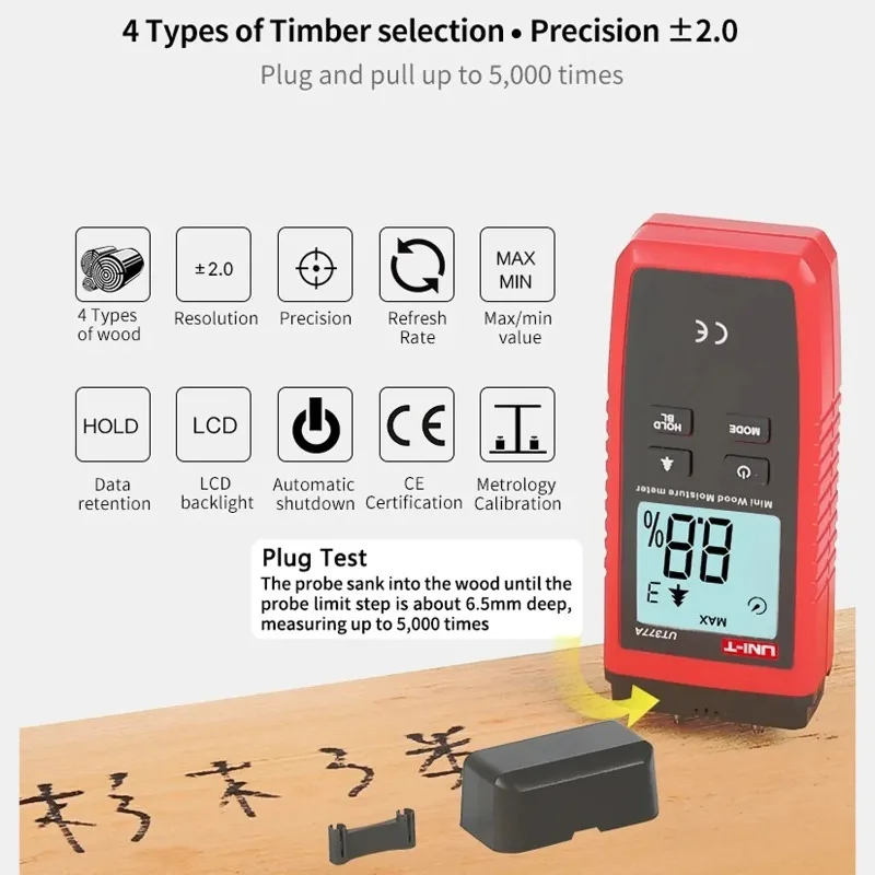 UNI-T UT377A Digital Wood Moisture Meter Hygrometer Humidity Tester for Paper Plywood Wooden Materials LCD Backlight