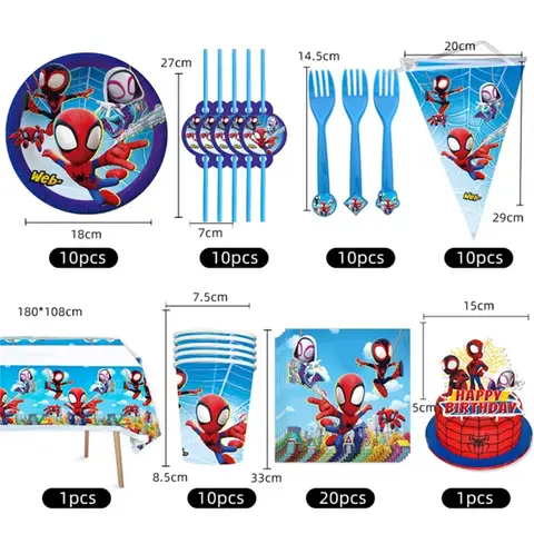 Fournitures de fête d'anniversaire araignée de dessin animé, vaisselle jetable, tasse, assiette, nappe, bannière, décoration de gâteau, ballon 3D pour enfants, décor