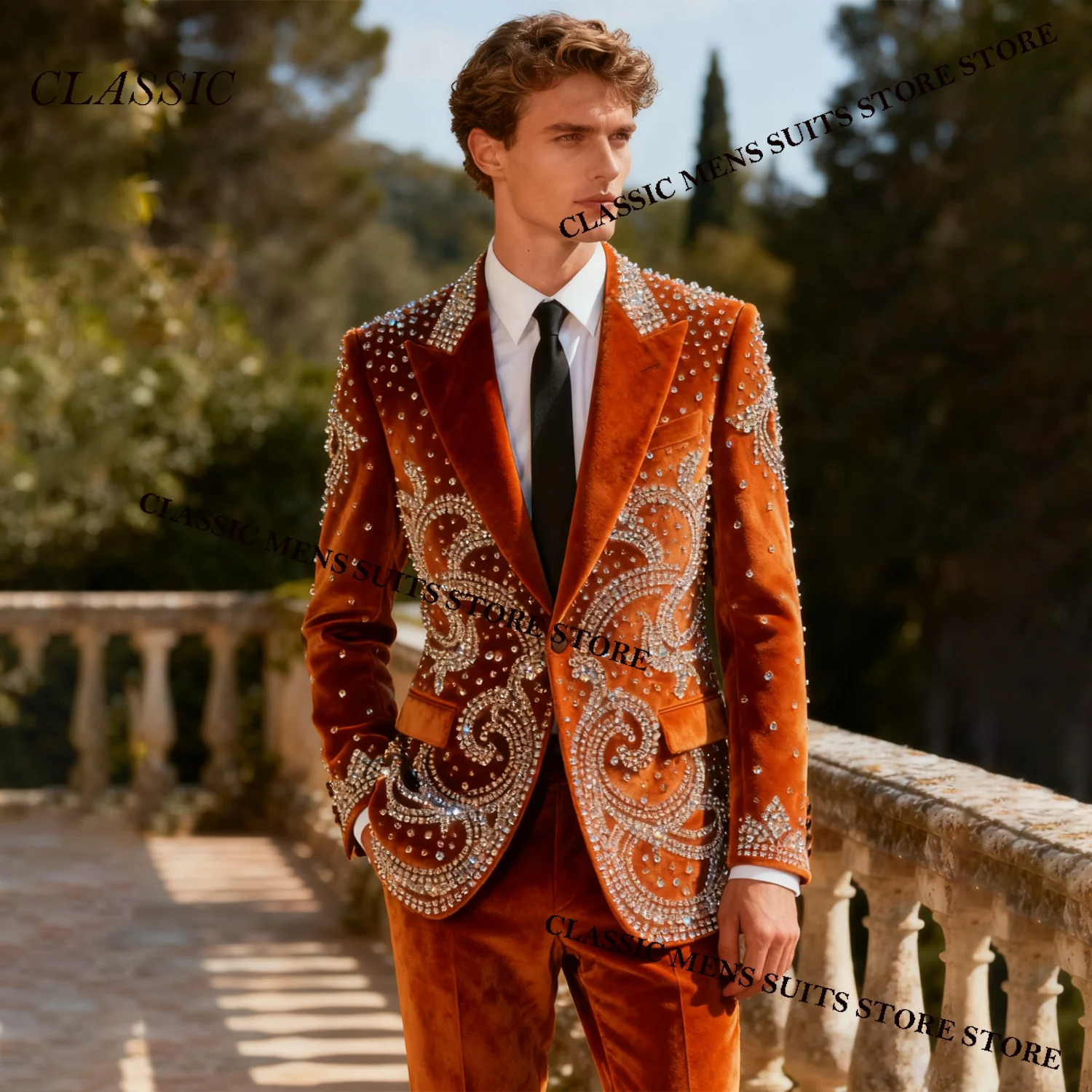 

Elegant Metallic Jewelry Ornament Tuxedo Men Suits 2 Piece Wedding Groom Male Prom Blazer Slim Party Ternos Completo Customized