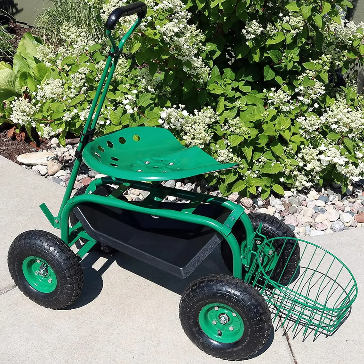 Sunnydaze Garden Seat with Wheels - Rolling Garden Stool with Extendable Steer Handle, Swivel Seat and Utility Tool Tray - Green