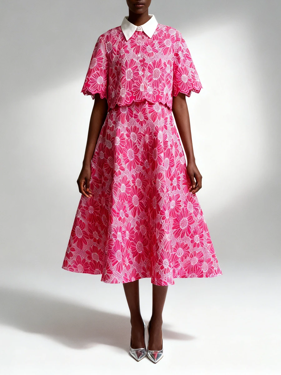 Vgh estilo francês casual impressão conjuntos de duas peças para mulheres lapela meia manga superior saia cintura alta elegante conjunto de emagrecimento feminino novo