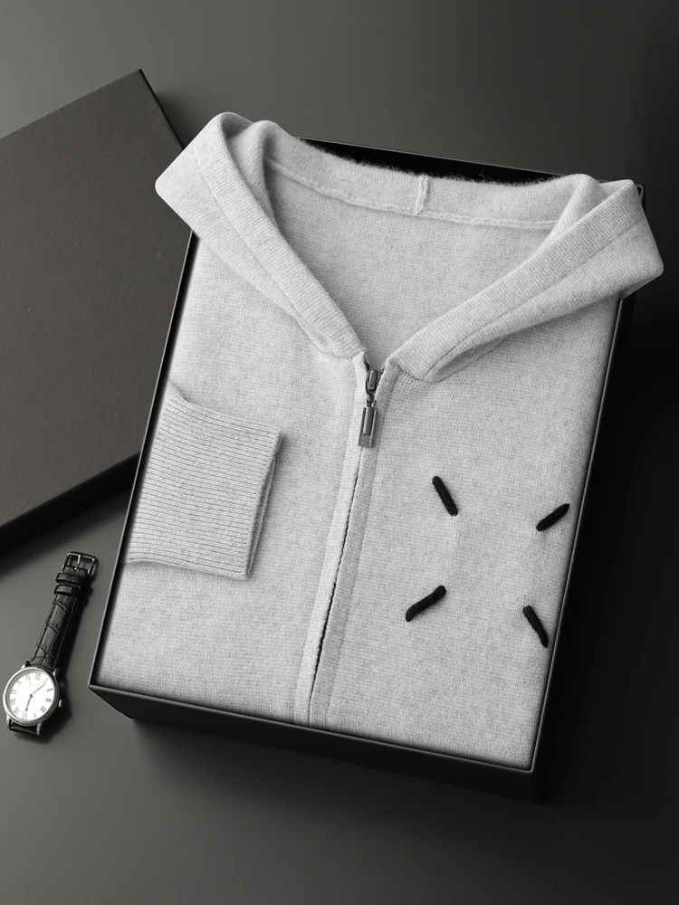 Autumn Winter Men\'s 100% Cashmere Hoodie Sweater Thick Zipper Cardigan Smart Casual Soft Warm Cashmere Knitted Sweater Coat Top