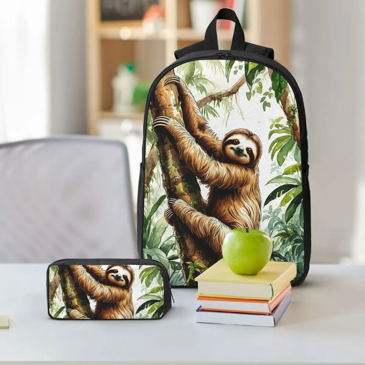 Adorable Sloth Cartoon Print Backpack Student BookBag School Bag Shoulder Bags 3ps Insulated Lunch Bag Pencil Case