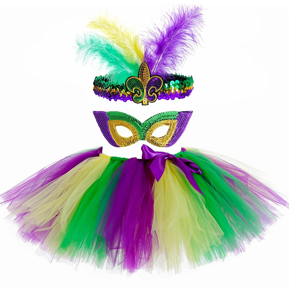 Gonna Tutu Mardi Gras per bambina festa festiva Costume di carnevale bambini Tutus giallo verde viola soffici ragazze gonne di Tulle