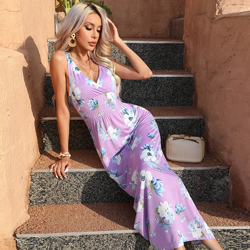 

Bohemian elastic waist V-neck women's long dress, sexy and thin ice silk dress, fashionable and simple temperament, elegant vaca