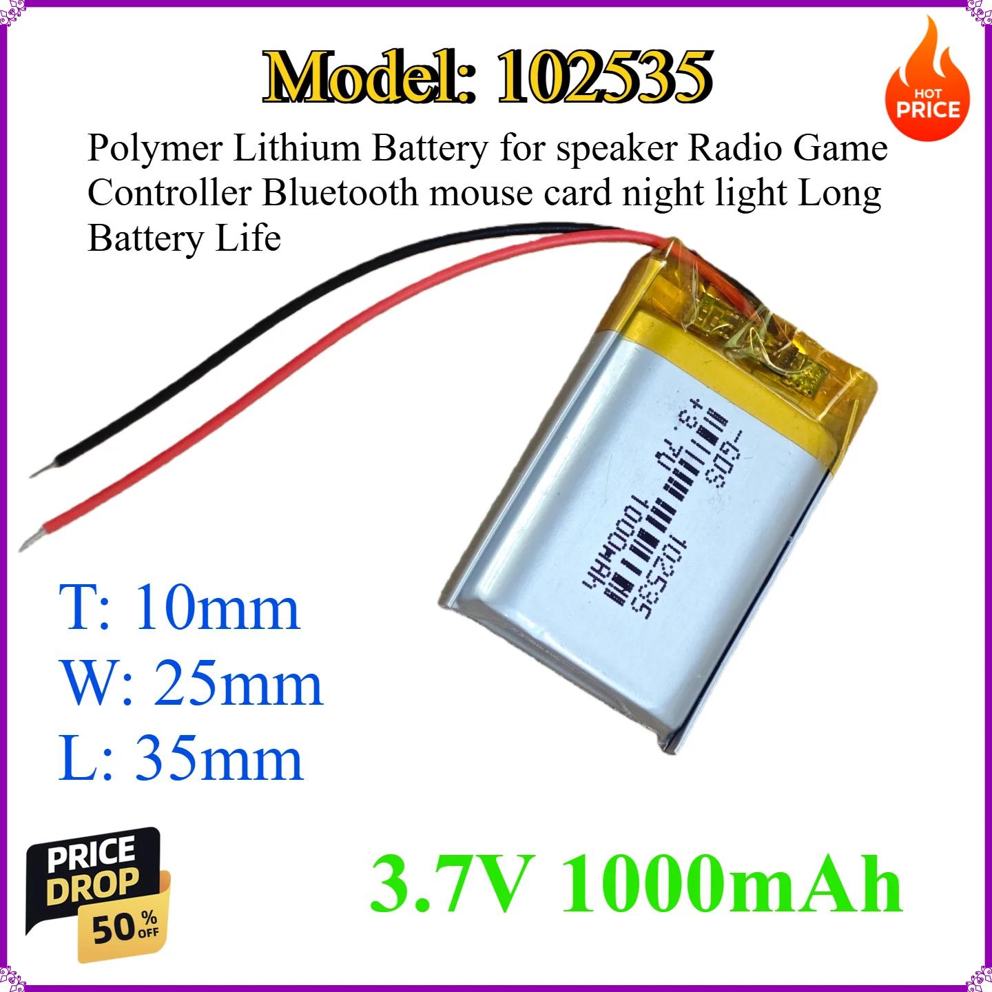 

102535 3.7V 1000mAh Polymer Lithium Battery for speaker Radio Game Controller Bluetooth mouse card night light Long Battery Life
