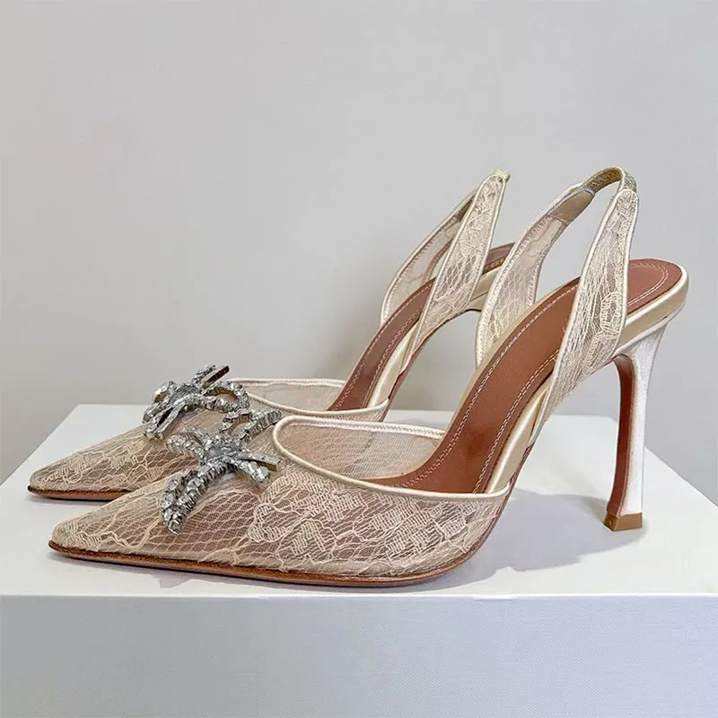 

Летние женские туфли-лодочки на высоком каблуке, вечерние туфли с острым носком и стразами и узлом-бабочкой, женские сандалии на каблуке с сетчатым кружевом и полыми отверстиями