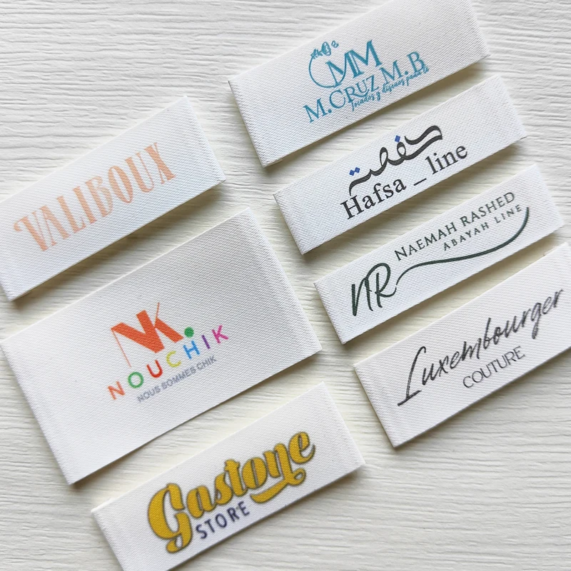 

Custom White Clothing Label brand organic Cotton Ribbon Labels Matte tape color printing Washable logo or text sewing Label