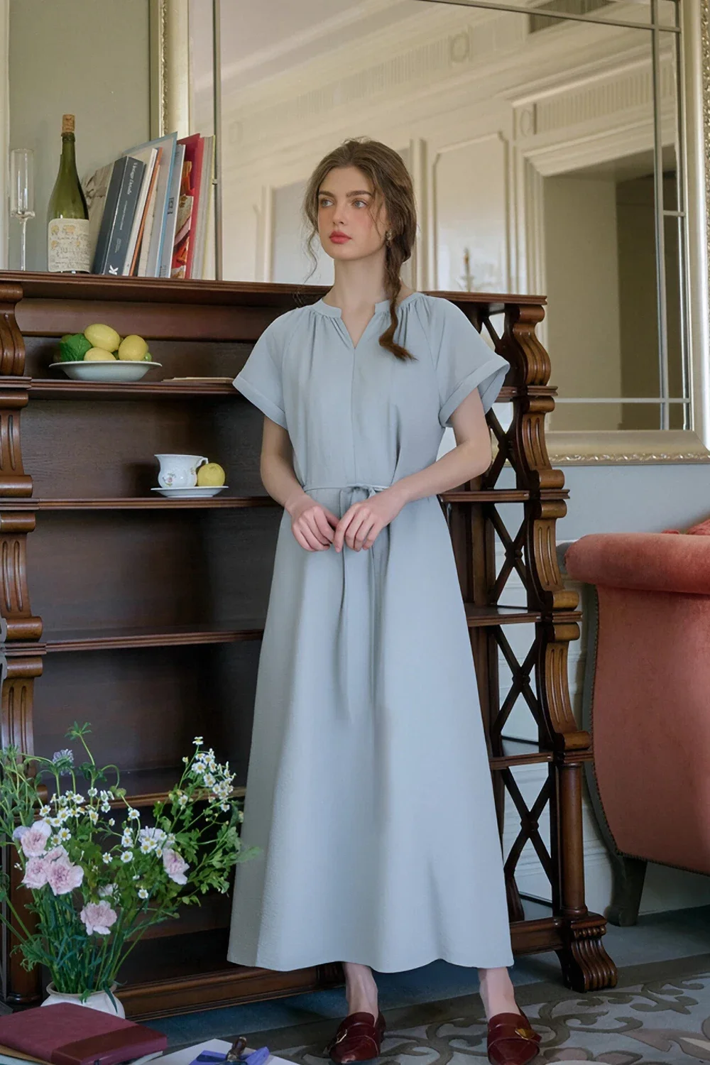 

Miflame женское элегантное платье во французском стиле со шнуровкой, летнее простое свободное офисное женское вечернее платье с v-образным вырезом и складными манжетами M9733